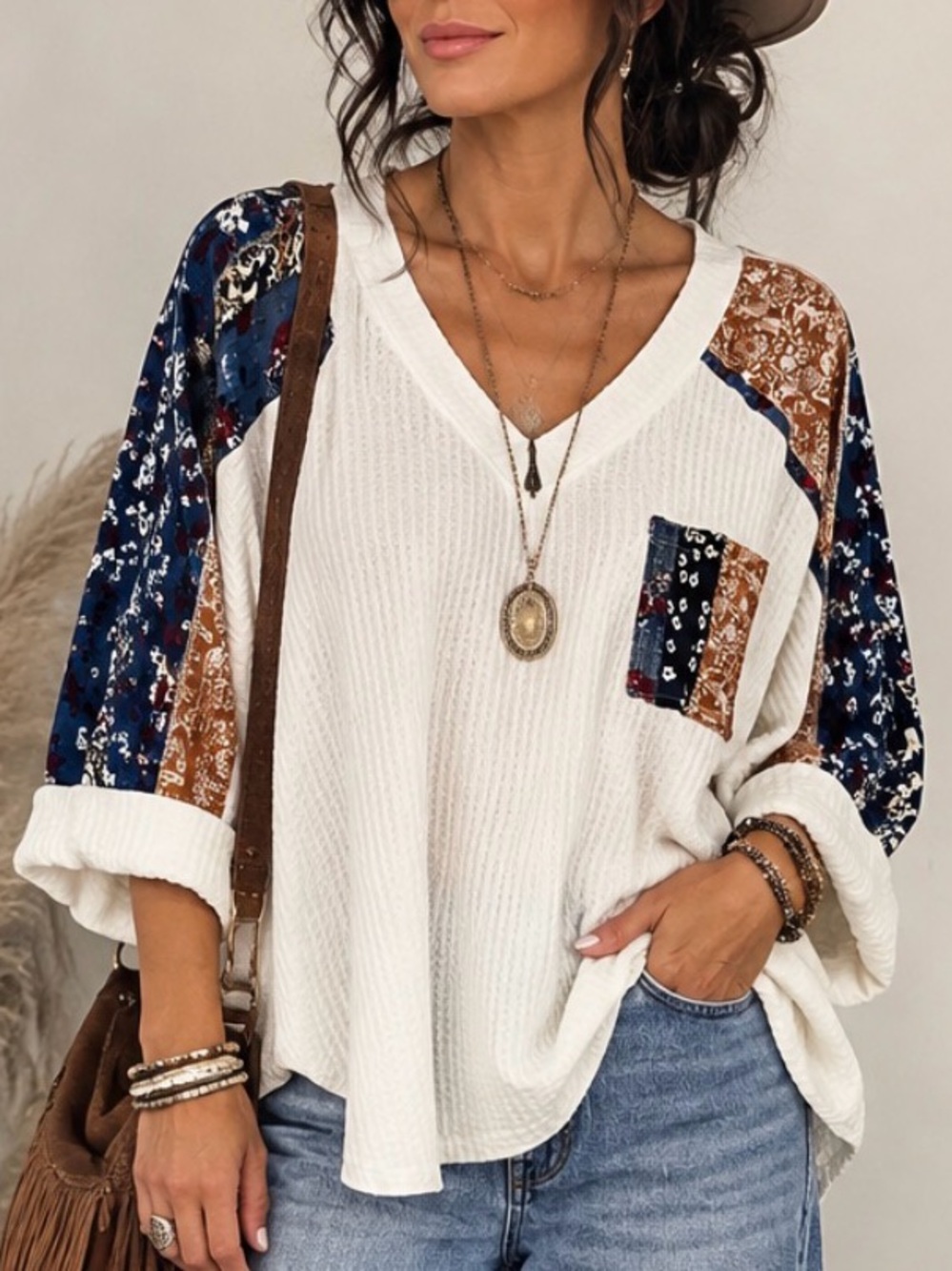 POL White V-Neck Long Sleeve Top with Navy & Brown Patchwork